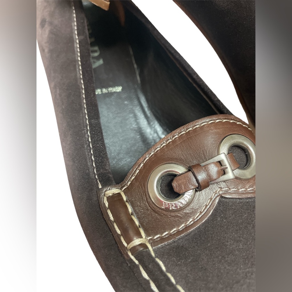 Prada- Vintage Suede Mocha Block Heel Loafer Size 38 VGUC